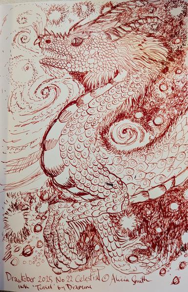 Line art in red ink, of a dragon swimming through the cosmos, puffing galaxies into existence. The dragon is drawn more in the Eastern tradition, and around it there are planets and galaxies and swirling gases.