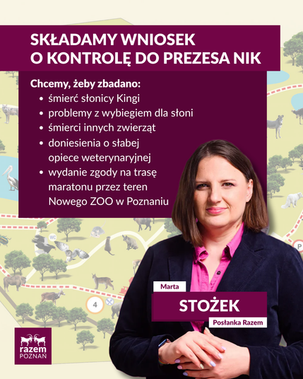 Grafika dotycząca wniosku o kontrolę NIK w poznańskim zoo. W górnej części znajduje się napis: „Składamy wniosek o kontrolę do prezesa NIK”. Poniżej lista punktów: „Chcemy, żeby zbadano: śmierć słonicy Kingi, problemy z wybiegiem dla słoni, śmierci innych zwierząt, doniesienia o słabej opiece weterynaryjnej, wydanie zgody na trasę maratonu przez teren Nowego ZOO w Poznaniu”. W dolnej części wycięte zdjęcie popiersie Marty Stożek z podpisem „Marta Stożek, Posłanka Razem”. W tle stylizowana mapa zoo z rysunkami zwierząt. W lewym dolnym rogu znajduje sie logo Razem Poznań.