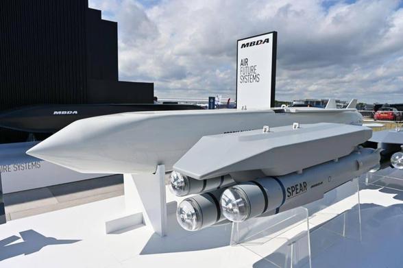 A long-range Storm Shadow missile displayed at the MBDA exhibition hall during the Farnborough International Airshow