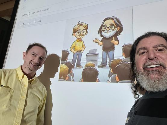 Two technologists stand in front of a screen with cartoon images of themselves on stage at the NDC Porto developer conference.