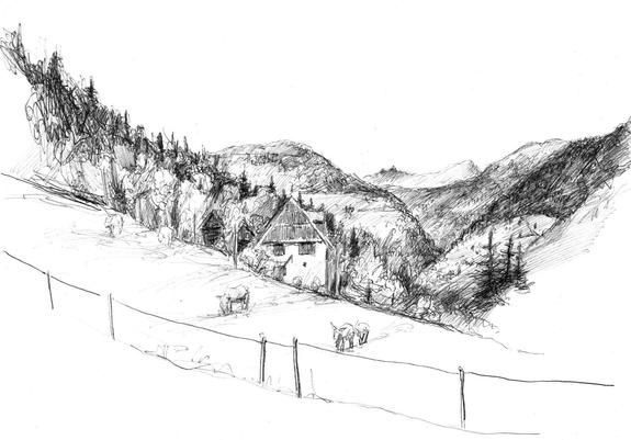 Drawing of an alpine landscape
