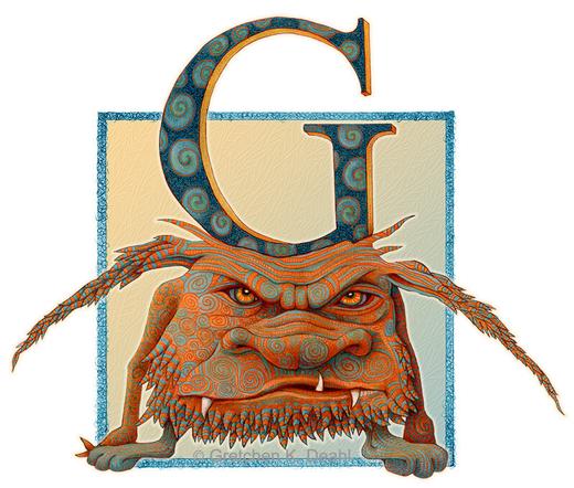 On a white background, in front of a colored box, squats a rather ugly orange monster. She wears a sour, challenging expression on her overly large head, with long, protruding ears  ending in points, and extremely short clawed legs and arms.