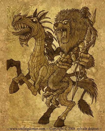 The lion-headed demon King Vine rides a nightmarish steed. Illustration by Sylvain Dousset.