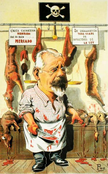 Caricature of the President of Chile Germán Riesco, illustrating the "meat rally". Pug cartoon in Zig-Zag Magazine. He is shown with gray hair and goatee, wire rimmed glasses, and a bloody meat cleaver, with several sides of dead animals hanging from meat hooks. And a black and white skull and crossbones flag hanging on the wall. De Nataniel Cox Méndez - Revista Zigzag, Dominio público, https://commons.wikimedia.org/w/index.php?curid=16830698