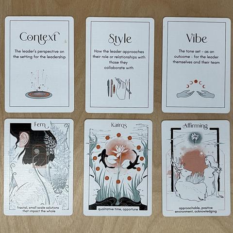 Six cards are shown from the Leadership Tarot deck. The text on the six cards is as follows in order from top left to bottom right. 
Context - the leader’s perspective on the setting for the leadership 
Style - How the leader approaches their role or relationships with those they collaborate with 
Vibe - The tone set - as an outcome - for the leadership themselves and their team
Fern - fractal, small scale solutions that impact the whole
Kairos - qualitative time, opportune
Affirming - approachable, positive environment, acknowledging