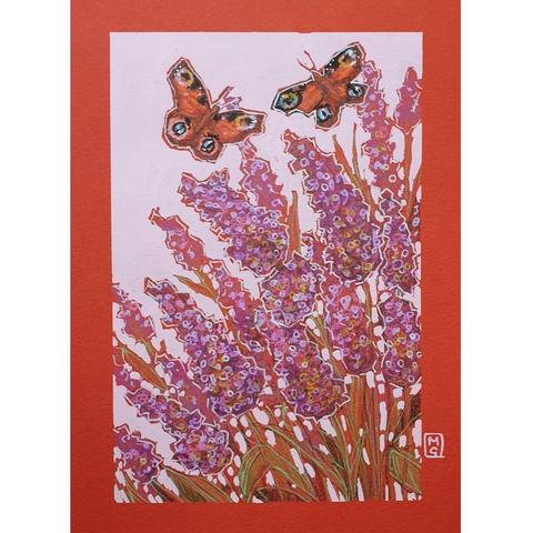 A small original artwork of two peacock butterflies flying over purple and pink toned Buddleia bush flowers. The artwork has a pink background and is on red paper.
An original art work, please note that the frame is not included.
Colour pencil and mixed media on acid free toned artist paper
5 by 7 inches (12.7 by 17.8 cm).