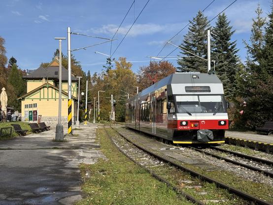 A train standing next to a platform. Left a station building.