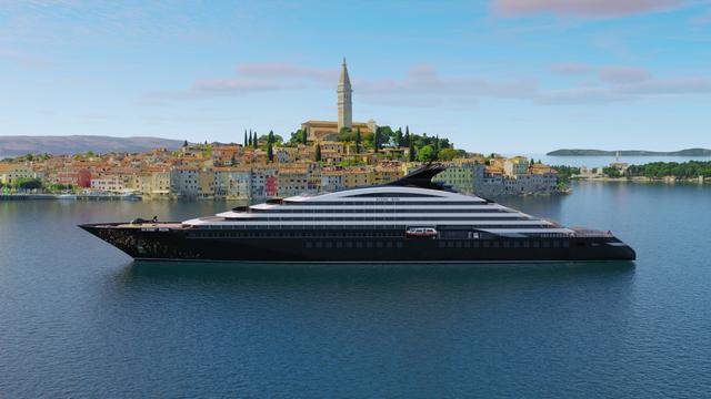 profile du navire avec en arrière plan Rovinj en Croatie