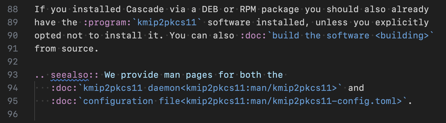 A ReStructuredText snippet with intersphinx links to man pages in the kmip2pcks11 project.