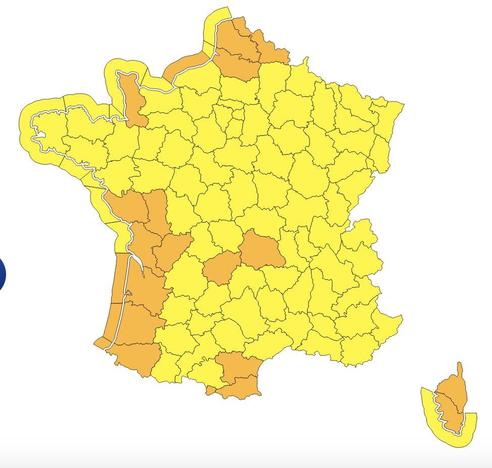 Carte des vigilances météorologiques de jeudi 23 octobre 2025. 18 départements sont placés en vigilance orange.