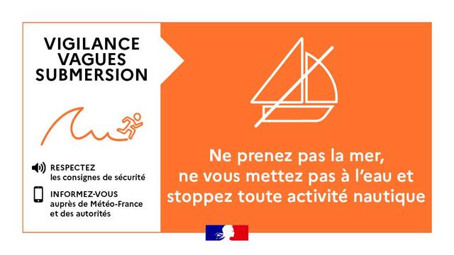 Vigilance vagues submersion. Ne prenez pas la mer, ne vous mettez pas à l'eau et stopper toute activité nautique.