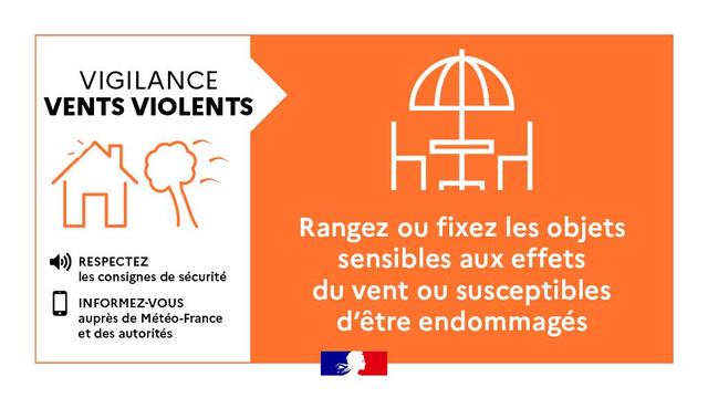 Vigilance vents violents. Rangez ou fixez les objets sensibles aux effets du vent ou susceptibles d'être endommagés.