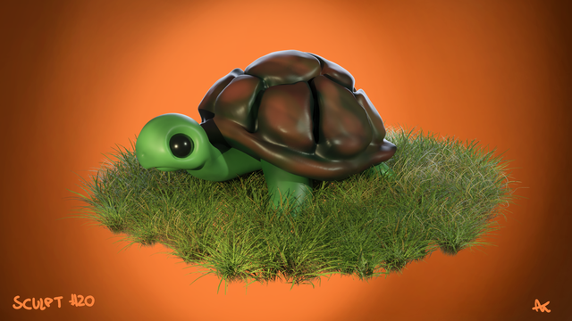 A stylized turtle in green and brown tones on more realistic grass and surrounded with brown-reddish vignette.