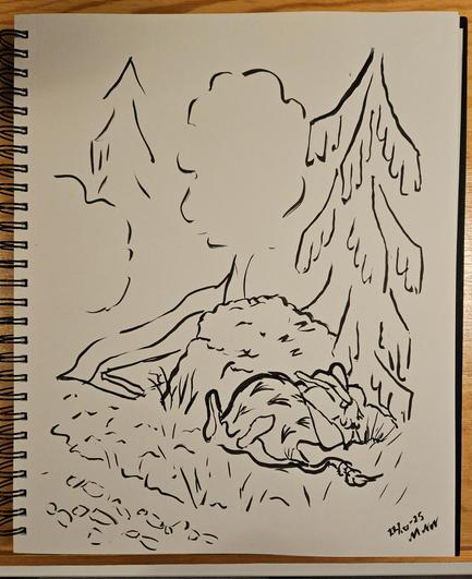 Sketchy ink drawing of a troll sleeping on its post, the toll booth lies half assembled behind a rock.