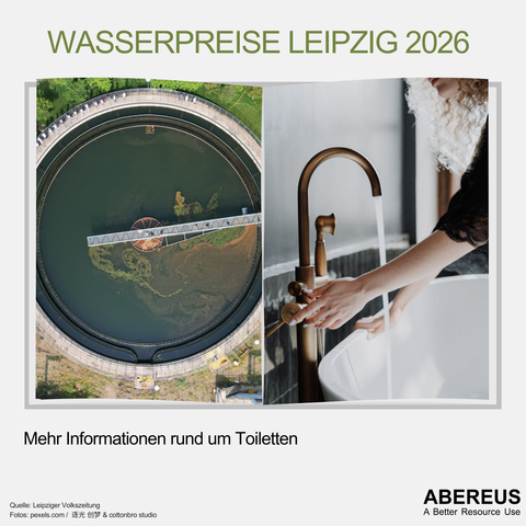 Auf dem Bild steht Wasserpreise für Leipzig 2026 und darunter sind zwei Fotos von einer Kläranlage und einem laufenden Hahn einer Badewanne.