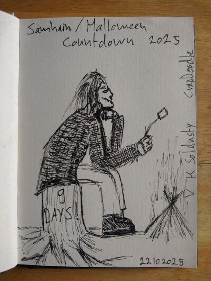 Quick pen sketch of someone with shoulder length, scruffy, dark hair seen side on facing the right, sat on a tree stump in front of a campfire. In their right hand they hold a marshmellow on a stick over the fire. Their chin rests on the back of their left hand. They rest their elbows on their knees. 
On closer inspection we see that they have stitches across their cheek to their mouth & where their head meets the neck. They also have some stitches around their wrists & across the back of their right hand. 
They are  wearing a dark coat, light trousers & black boots.
On the tree stump we can read: 9 Days!
Across the top of the image are the words: Samhain / Halloween Countdown 2025
To the right, along the bottom of the image it reads: 22102025 & up the side it says:  V K Soldusty — CrapDoodle