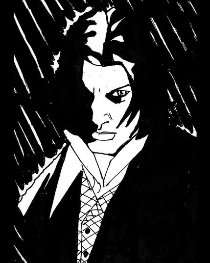 Dibujo con tinta de Dorian Gray. La luz prácticamente ensombrece toda su cara y la lluvia golpea su pelo largo y su traje.