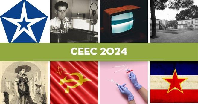 Assembly of eight images representing the eight research projects: the informal symbol of the League of Nations, a photograph of Armando de Lacerda next to one of his experimental phonetic instruments, an old television with the screen on but no image, a photograph of Vila Nova de Santo André, an illustration of a Lisbon market woman in the nineteenth century, a photo of a Soviet flag, a photo of a gynecological speculum, an illustration of the Yugoslavian flag. Between the four upper images and the four lower images is the text “CEEC 2024.”