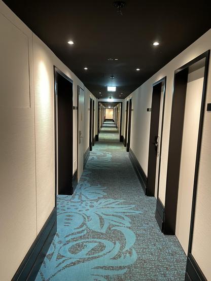 Ein langer Flur mit hellblau-grau gemustertem Teppichboden, viele Türen links und rechts, die Wände sind beige.