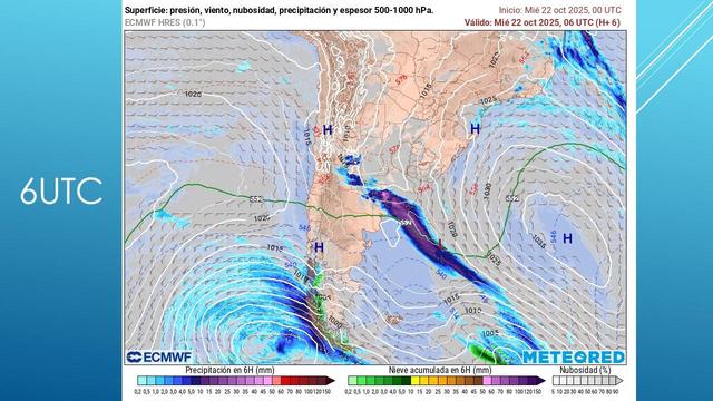 South American tip Model rains (blue) and green-yellow: snow