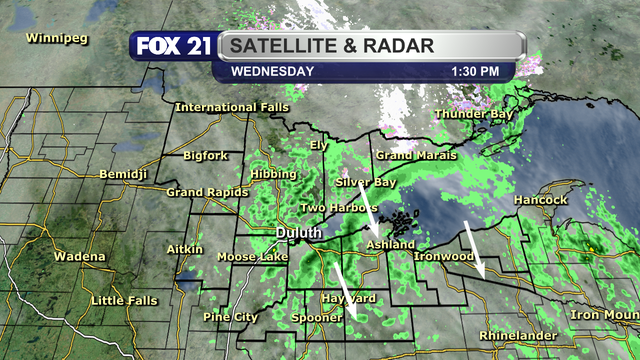 The satellite and radar over the Northland at 1:30 p.m. on October 22, 2025, shows cloudy skies across the region.  Most areas are seeing scattered showers passing through from north to south.  The heaviest rainfall continues to be in the gravity wave sector of Douglas and Bayfield counties.  A few spots may also see some snowflakes mix in at times near the Canadian border.