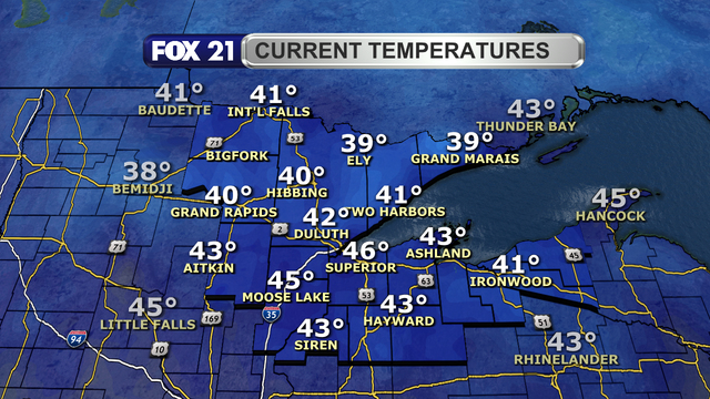 Temperatures in the Northland just after 1 p.m. on October 22, 2025, range from 39 to 46 degrees Fahrenheit.