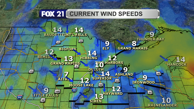Wind speeds in the Northland just after 1 p.m. on October 22, 2025, range from 8 to 14 mph.  Wind direction is primarily from the northwest and north.