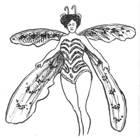 A circus performer wears a costume with wings attached to the back, which makes her look like a dragonfly.