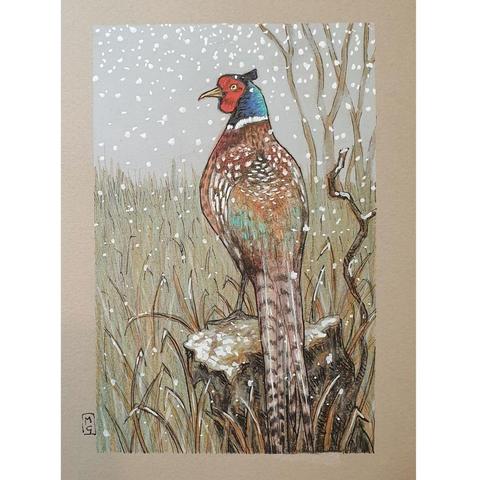 A small colour drawing of a pheasant in wintertime, with a grey sky and snow falling on a rural scene.
Pheasants are large, long-tailed game birds. The males have rich chestnut, golden-brown and black markings on their bodies and tails, with a dark green head and red face wattling.
An original art work, please note that the frame is not included.
Colour pencil and mixed media on acid free toned artist paper
5 by 7 inches (12.7 by 17.8 cm).