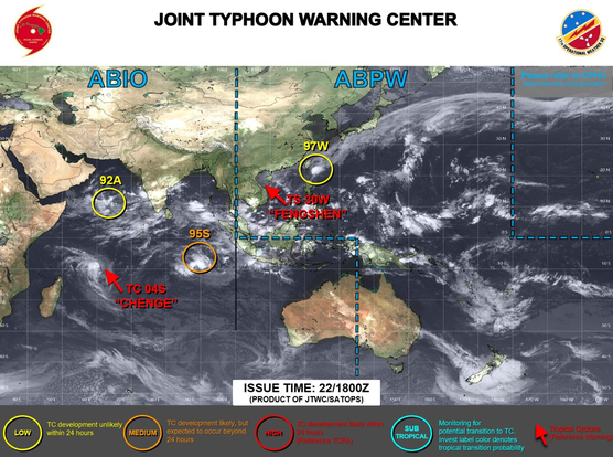 ABPW10 PGTW 220600
MSGID/GENADMIN/JOINT TYPHOON WRNCEN PEARL HARBOR HI//
SUBJ/SIGNIFICANT TROPICAL WEATHER ADVISORY FOR THE WESTERN AND SOUTH 
PACIFIC OCEANS 220600Z-230600ZOCT2025//
REF/A/MSG/JOINT TYPHOON WRNCEN PEARL HARBOR HI/220152ZOCT2025//
AMPN/REF A IS A TROPICAL CYCLONE WARNING.//
RMKS/
1. WESTERN NORTH PACIFIC AREA (180 TO MALAY PENINSULA):
   A. TROPICAL CYCLONE SUMMARY:
      (1) AT 22OCT25 0000Z, TROPICAL STORM 30W (FENGSHEN) WAS LOCATED 
NEAR 17.2N 111.8E, APPROXIMATELY 214 NM EAST-NORTHEAST OF DA NANG, 
VIETNAM, AND HAD TRACKED SOUTHWESTWARD AT 01 KNOTS OVER THE PAST SIX 
HOURS. MAXIMUM SUSTAINED SURFACE WINDS WERE ESTIMATED AT 45 KNOTS 
GUSTING TO 55 KNOTS. SEE REF A (WTPN31 PGTW 220300) FOR FURTHER DETAILS.
      (2) NO OTHER TROPICAL CYCLONES.
   B. TROPICAL DISTURBANCE SUMMARY:
      (1) THE AREA OF CONVECTION (INVEST 97W) PREVIOUSLY LOCATED NEAR 
24.4N 123.4E IS NOW LOCATED NEAR 22.9N 123.1E, APPROXIMATELY 156 NM EAST 
OF KAOHSIUNG, TAIWAN. ANIMATED ENHANCED MULTISPECTRAL SATELLITE IMAGERY 
(MSI) DEPICTS A PARTIALLY-EXPOSED LOW LEVEL CIRCULATION CENTER (LLCC) TO 
THE SOUTHWEST OF A PATCH OF PERSISTENT, FLARING CONVECTION. A 220108 
ASCAT METOP-C SHOWS A COMPACT LOW LEVEL CIRCULATION POSITIONED JUST TO 
THE EAST OF GALE FORCE WINDS ASSOCIATED WITH A COLD SURGE TO THE WEST 
AND EXTENSIVE 15-20 KT WINDS WRAPPING ALONG THE EASTERN PERIPHER