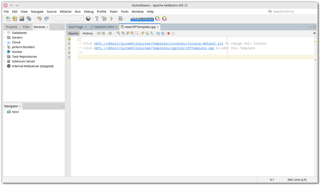 🕶️ A view of its UI (v21, on my Linux PC) with an example template in C++, and in another tab, an HTML template. On the left, access to various services (servers, Jenkins Builders, Docker, etc.), and at the top, the main menus.

📚️ Apache NetBeans is a libre, multi-platform IDE, framework and programming platform. It supports Java (its favorite language), JavaScript, PHP, HTML5, CSS, Ruby, XML, C/C++, Python, Fortran, and others via its plugin system. In particular, it provides an editor with syntax and semantic highlighting, a graphical interface and Web page editor, wizards (for starting a project) and templates.