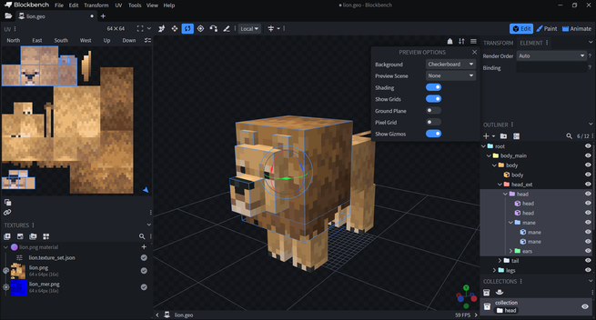 🕶 ️ A view of its user interface (image taken from the website) with the current edition of a voxelized 3D lion with its 3D representation in the main central section, its textures and shapes on the left, the tree structure of its components (head, mane, ears, tail, legs) on the right, the tool menus at the top, and the current tab (lion.ego) below.

📚️ Blockbench is a libre, multiplatform, voxel-based 3D graphics editor aimed at designing low-poly models with pixel art textures. Its interface provides all the tools needed to create low-poly models, such as cuboids, mesh modelling tools for complex shapes, texture design and painting to dress them up, and animation (its animation editor lets you rig a model (create its skeleton) and use position, rotation and scale keyframes to bring it to life. Models can be exported in standardised formats for sharing, rendering, 3D printing or use in game engines. Its interface can be customised and enhanced using plugins.