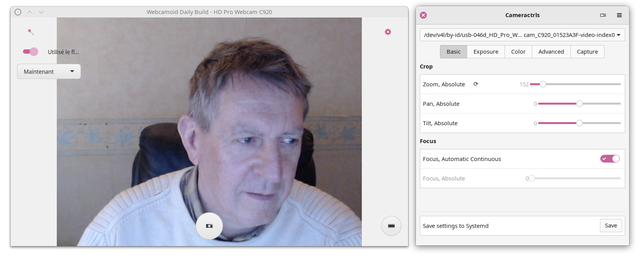 🕶️ A view of the author of Le Bottin des Jeux Linux (me) under the webcamoid utility interface next to a view of the cameractrls interface, while he is making adjustments to his webcam on the latter

📚️ cameractrls is a libre interface for fine tuning a webcam via V4L2 controls (and is extensible with non-standard controls). Video4Linux (V4L) is a set of video capture drivers for Linux integrated into the kernel. Currently it has extensions for Logitech (Led mode, led frequency, BRIO FoV), Kiyo Pro (HDR, HDR mode, FoV, AF mode, save), and Systemd (save and restore controls with Systemd path+service). You can adjust the zoom level, horizontal / vertical panning of the image, auto / manual focus, exposure, color balance, flashing frequency of its led in recording mode, resolution, recording frequency and format and save your settings in Systemd.