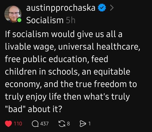 If socialism would give us all a livable wage, universal healthcare, free public education, feed children in schools, an equitable economy, and the true freedom to truly enjoy Life then what's truly "bad" about it?