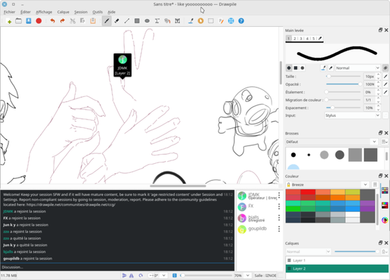 🕶️ A view of its UI with 3 designers (at least 1 is good at drawing ;). The UI is fairly classic in appearance: at the top are the menus and icons, on the right are dialog boxes allowing you to adjust the size and characteristics of the pencil line in the current drawing (shape, size, color, ..), and on the main part in the center is the drawing area. What sets it apart is a black label on the drawing area, following the pencil line of one of the artists and containing the drawer's pseudonym and the layer used, and at the bottom of the screen, a time-stamped changelog area indicating users who have logged in and out, and a chat area.

📚️ Drawpile is a libre, multiplatform bitmap image editor oriented towards drawing by several people online or locally. It allows freehand drawing (and erasing) (and even the design of short animations, with layers as a frame), using the classic tools (pens or brushes). It supports color mixing in different modes, layers, and multi-user functions (access restrictions, number of users, usable features and layers, instant messaging, ...) and allows to connect to online servers or to host its own session.