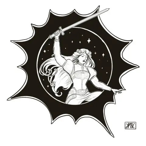 A dynamic black and white illustration features a heroic female figure wielding a sword, poised in an action stance. She has long flowing hair and is adorned in a detailed outfit, with intricate designs visible on her sleeves and waist. The background includes a circular motif filled with stars, surrounded by a jagged, starburst-like outline, enhancing the sense of movement and energy in the scene.