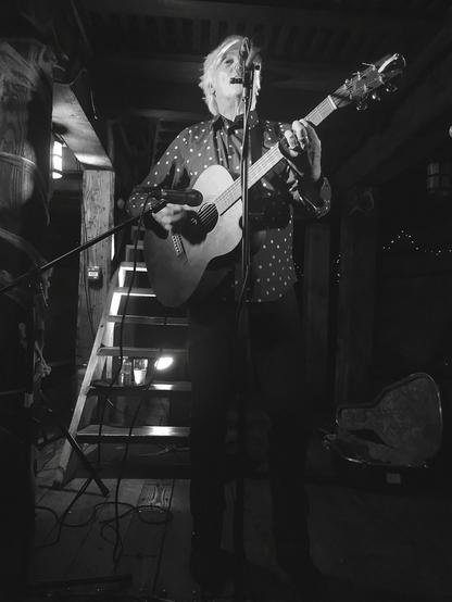 A black and white image of Robyn Hitchcock singing and playing a guitar.