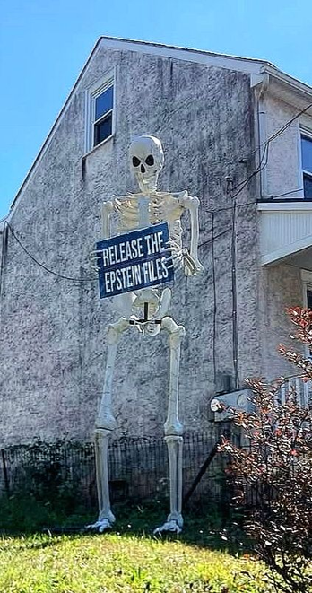 9 foot Skeleton outside a house with a sign that reads. Release the Epstein Files