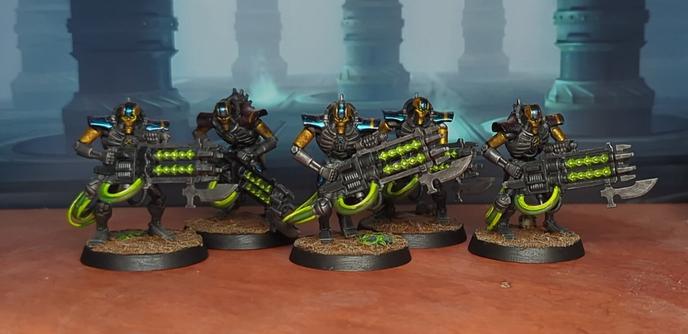 Five painted Warhammer minis. Necron Immortals for use as Robot Legion Eternals in Grimdark Future.