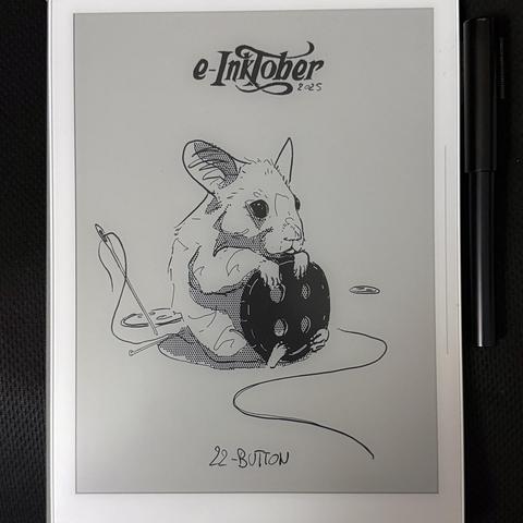 A photo of the same black and white drawing of a sitting hamster holding a button, on the e-ink tablet it was drawn.