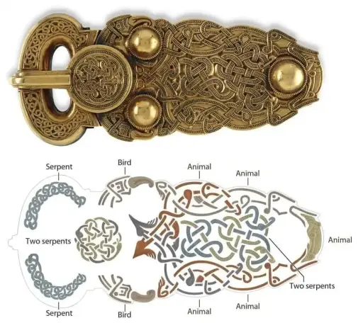 Anglo-Saxon belt buckle, with diagram of representations, England, early 7th century AD