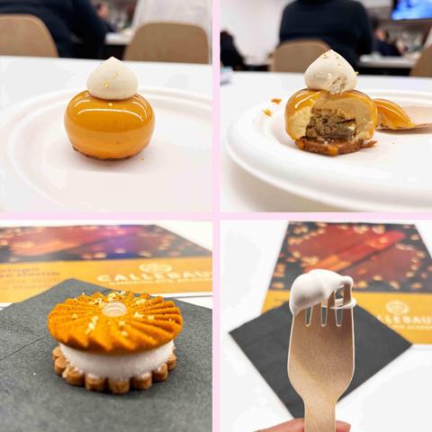 Four pics: the banana cheesecake bite: whole, it looks like a golden Christmas bauble; with the bite take out to see layers of banana cake, caramel cremeux, cinnamon crumble. Second row is theLemon caramel marshmallow bites: fluted biscuts sandwiching lemon marshmallow with a blob of lemon gel. And my fork with a taste of the marshmallow...all gooey