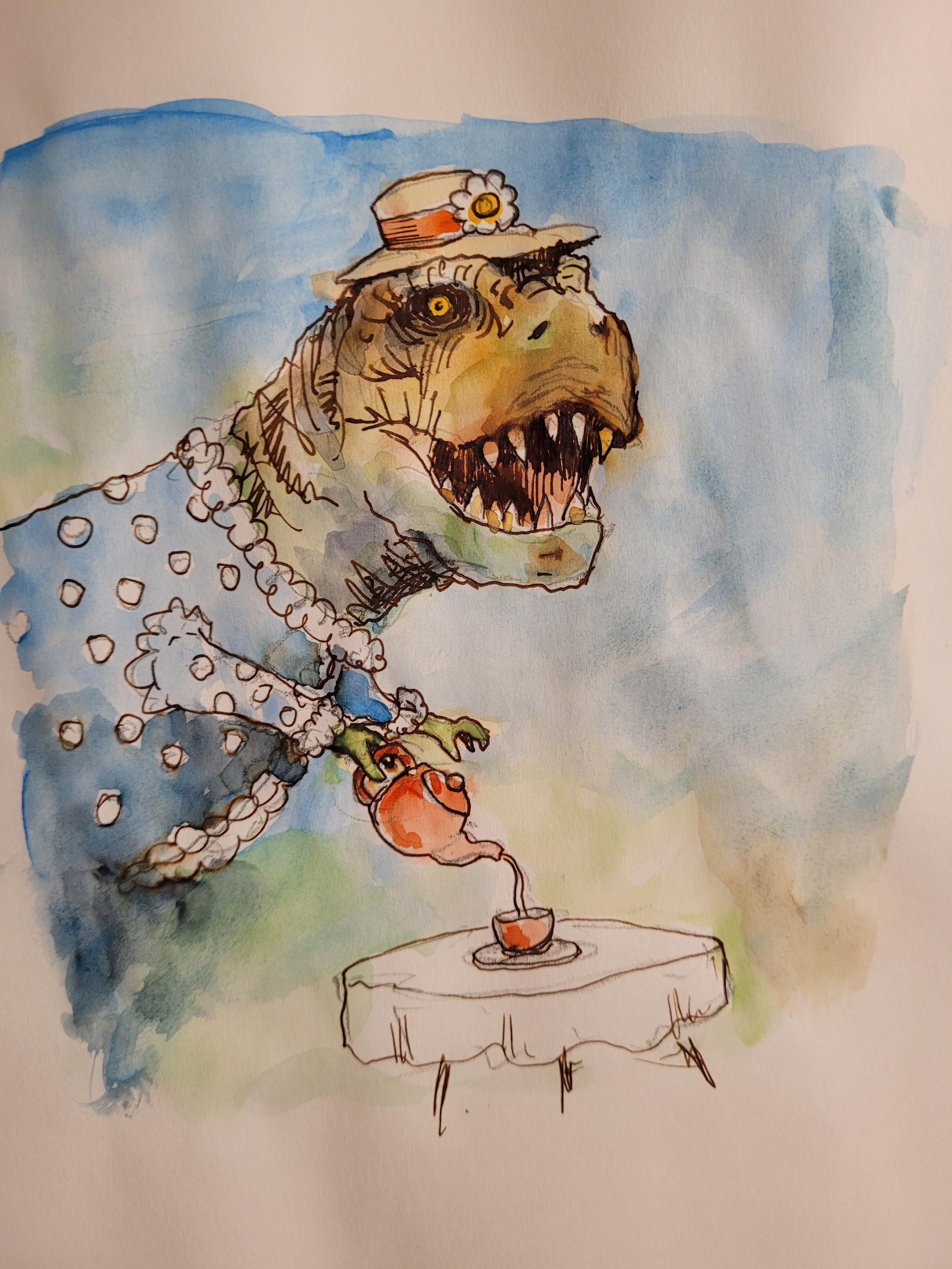 A watercolor sketch of a t-rex in a blue dress and a little hat pouring tea into a cup. Big, toothy smile.