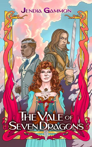Cover for THE VALE OF SEVEN DRAGONS written by Jendia Gammon, publishing April 7, 2026 via Sley House Publishing. Cover art by Chris Panatier.
A red and gold border design of dragons facing each other. Three humans stand between the border: on the left, a young Black man, Prince Beaumain, with turquoise eyes and reddish hair bound by a silver crown, wearing grey, blue, and silver house colors and silver dragon brooch for his country, Catellaith; he holds a silver dagger. In the center, a white young woman, Princess Githilien, aka Thilly, of Vickery, wearing a turquoise and copper dress and spiky golden crown, holding a silver and red sword upside down; she has long, curly auburn hair, hazel eyes, and smirks. On the right, a tanned white man with grey eyes, short beard, and longish, lank, golden brown hair, wearing a ranger’s clothes and holding a sword.
Behind the three figures, the sky is blue with rosy clouds; along the bottom of the image is a dark, fog-like mass creeping between