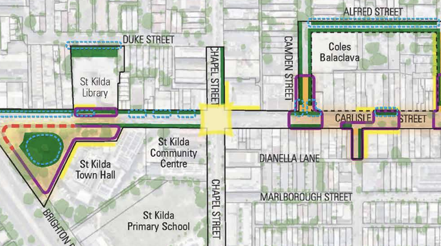 A map with lines representing the new streetscape design