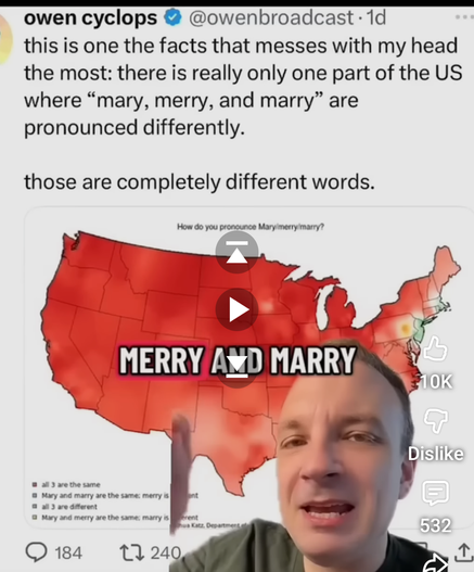 Screenshot of a video within the video showing a map of the US that is almost completely red, other than a green NJ and some yellow areas in Pennsylvania and New England.