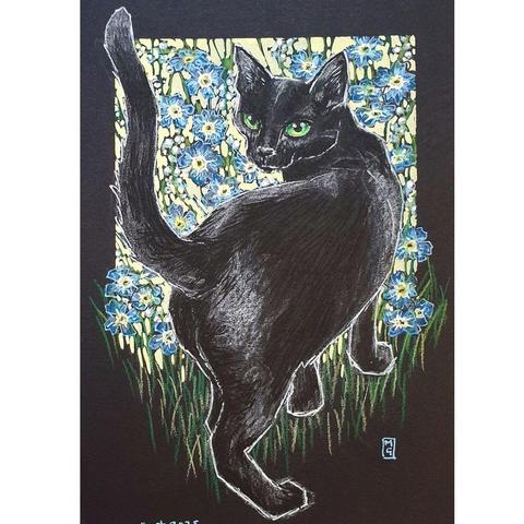 A small drawing on black pastel paper of a green eyed black cat walking away looking over his shoulder, in the background there is a patch of semi abstract blue forget-me-not flowers.
Typically associated with bad-luck, witches and Halloween, it's well known that dark-haired kitties have a long (and unfair) myth-filled history. Typically black cat residents of welfare charities take longer to be rehomed than cats of any other colour. That makes me so sad.
An original art work, please note that the frame is not included.
Colour pencil and mixed media on acid free toned artist paper
5 by 7 inches (12.7 by 17.8 cm).