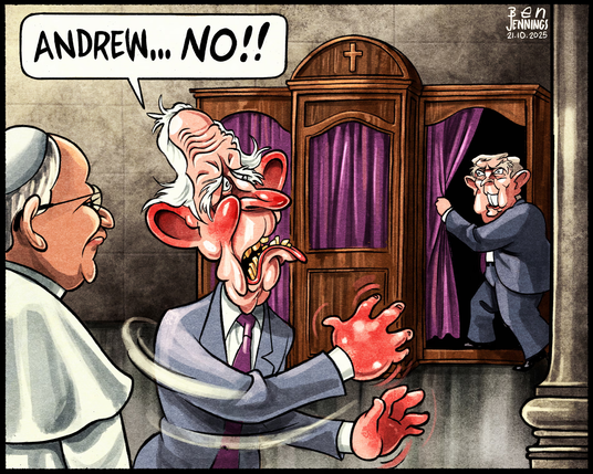 Ben Jennings cartoon - The pope stands next to Prince Charles who screams Andrew No as Ramdy Andy slips into the confessional