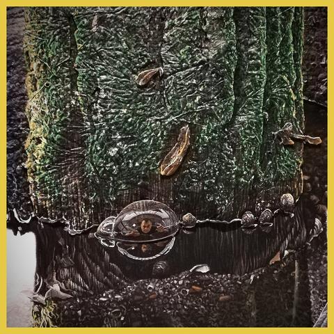 Super realistic painted pole head. Here we see foot. Mostly green green because of the seaweed.  And yes: in a water bubble we see the reflection of the painter's head