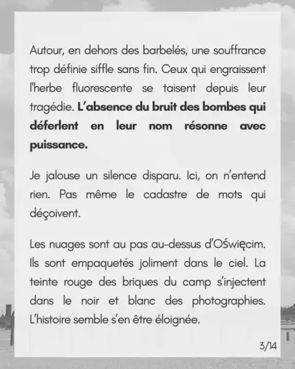Autour, en dehors des barbelés, une souffrance trop définie siffle sans fin. Ceux qui engraissent l’herbe fluorescente se taisent depuis leur tragédie. L’absence du bruit des bombes qui déferlent en leur nom résonne avec puissance.

Je jalouse un silence disparu. Ici, on n’entend rien. Pas même le cadastre de mots qui déçoivent.

Les nuages sont au pas au-dessus d’Oświęcim. Ils sont empaquetés joliment dans le ciel. La teinte rouge des briques du camp s’injectent dans le noir et blanc des photographies. L’histoire semble s’en être éloignée.